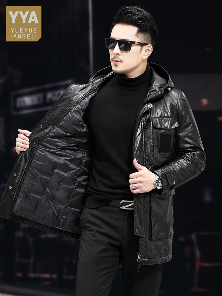 Leather Work Jacket With Hood - الرجال شتاء دافئ منتصف طويل النفط