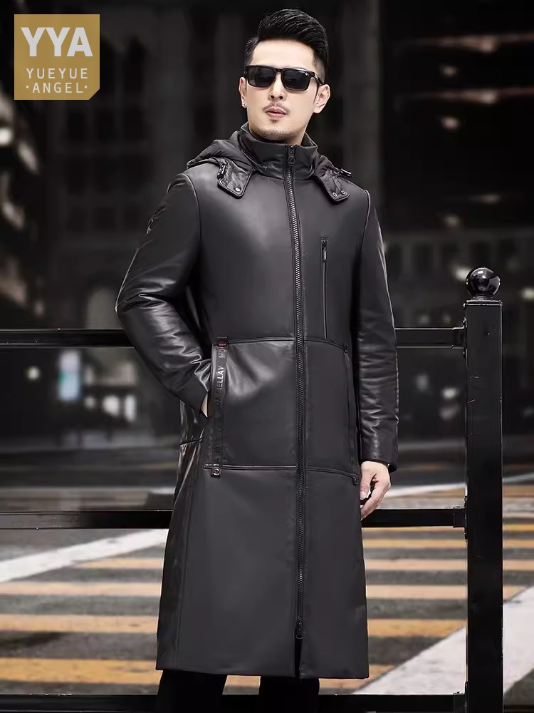 Leather Work Jacket With Hood - الشتاء سميكة الدافئة طويلة أوزة أسفل