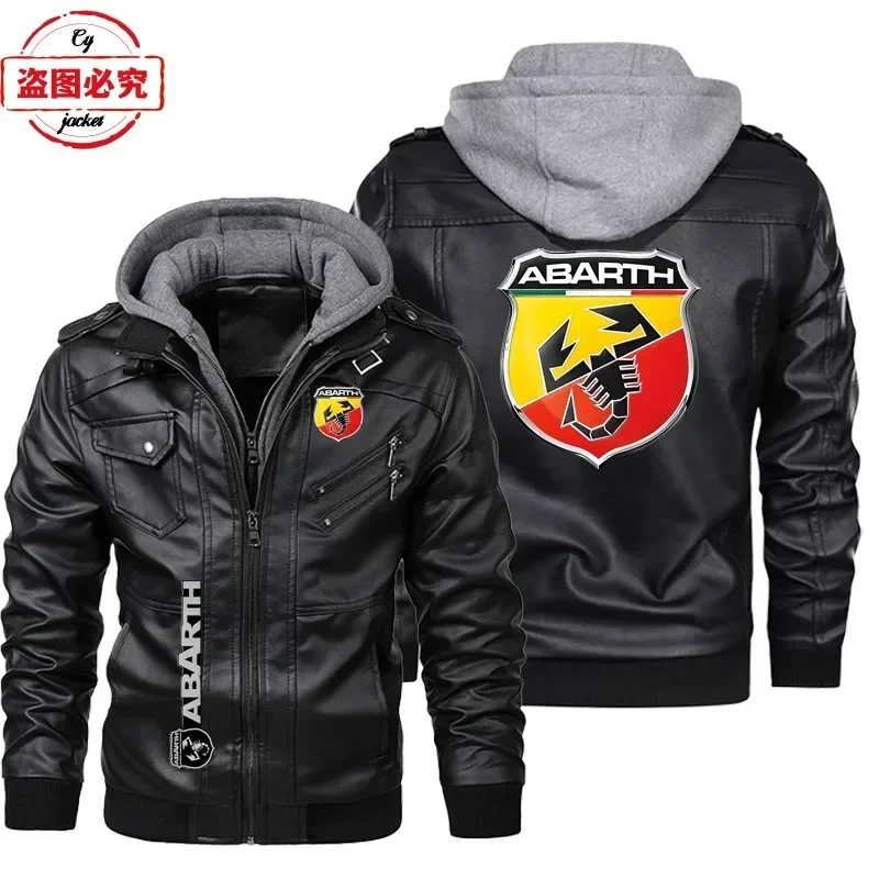 Leather Work Jacket With Hood - جاكيت جلد بمقاس أوروبي مع شعار