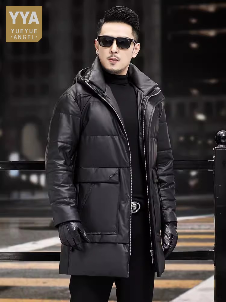 Leather Work Jacket With Hood - الشتاء الرجال سميكة الدافئة الأبيض أوزة