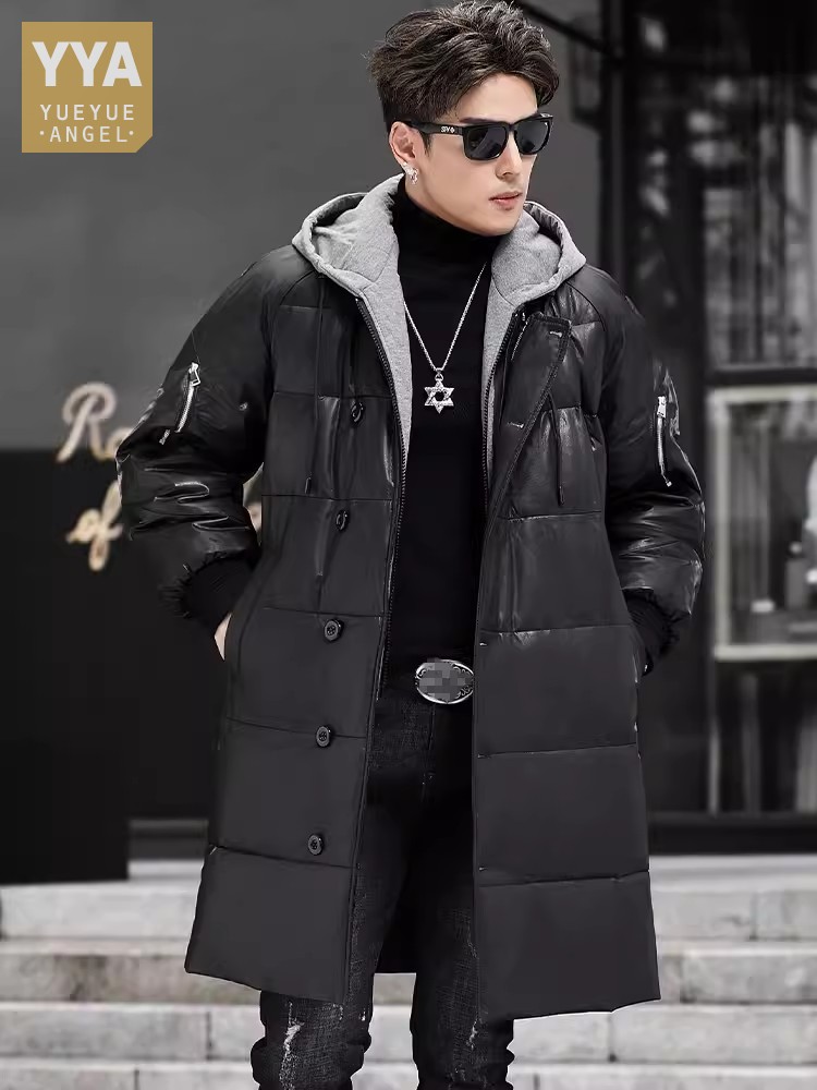 Leather Work Jacket With Hood - شتاء جديد الرجال مقنعين طويل جلد