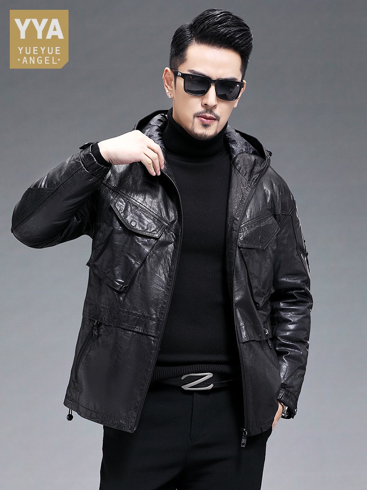 Leather Work Jacket With Hood - الشتاء الرجال الدافئة جلد الماعز الحقيقي