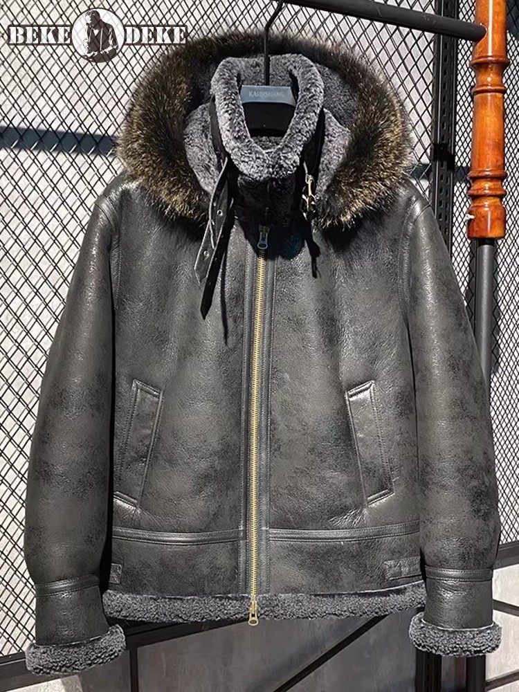 Leather Work Jacket With Hood - جاكيت رجالي شتوي دافئ من الجلد