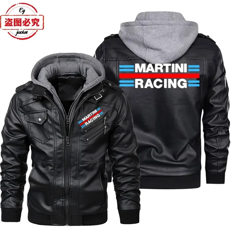 Leather Work Jacket With Hood - سترة جلدية مطبوعة بشعار مارتيني للسباقات،