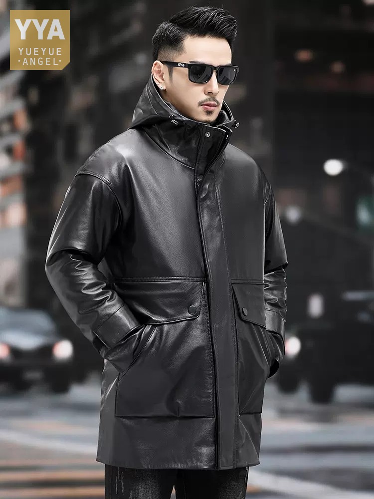 Leather Work Jacket With Hood - الشتاء الرجال الدافئة العمل أسفل سترة