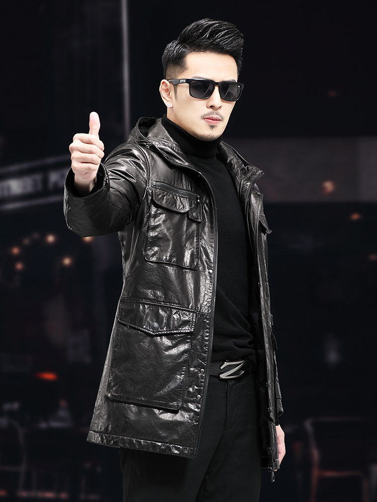 الرجال شتاء دافئ منتصف طويل ال - مراجعة Leather Work Jacket With Hood وسعره
