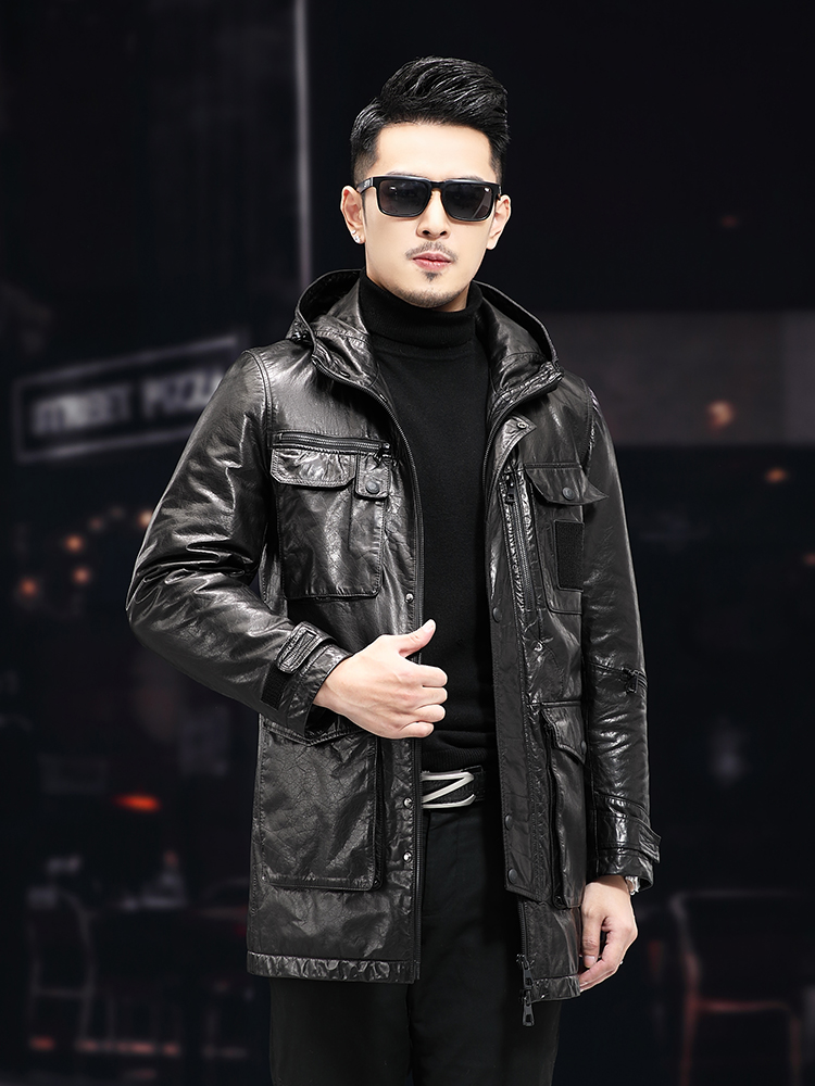 الرجال شتاء دافئ منتصف طويل ال - مراجعة Leather Work Jacket With Hood وسعره