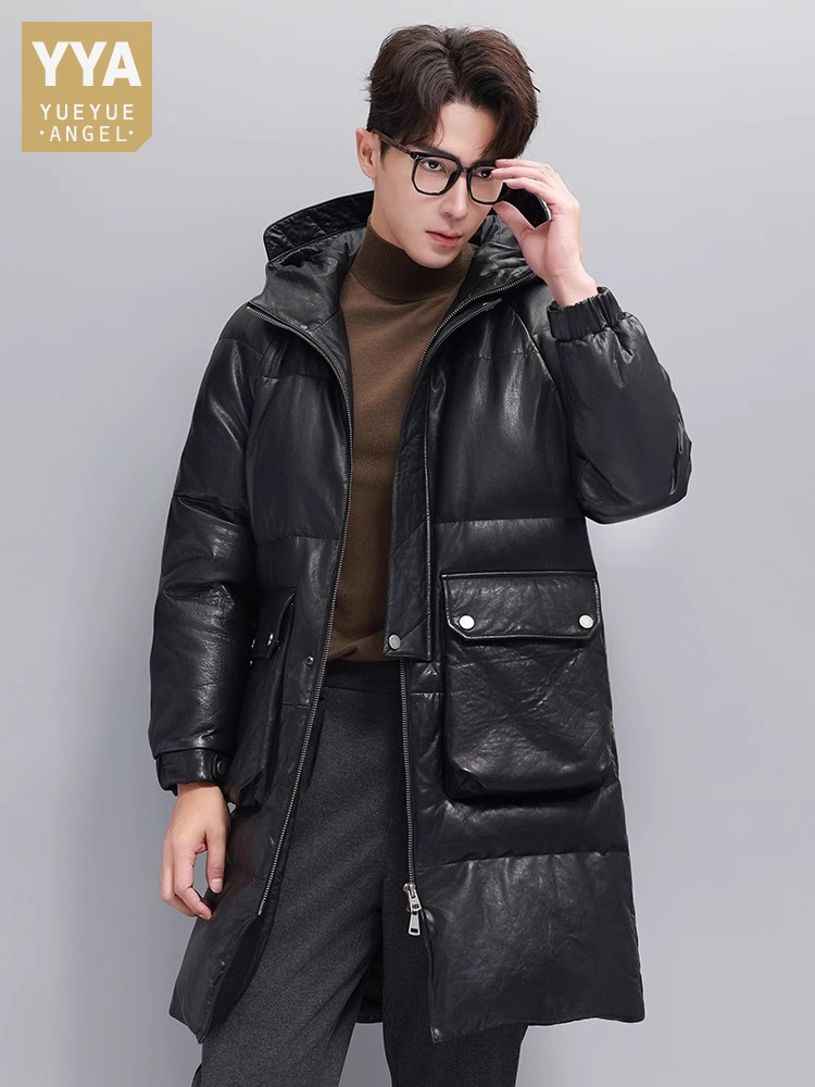 الشتاء الرجال الدافئة أوزة أسف - مراجعة Leather Work Jacket With Hood وسعره