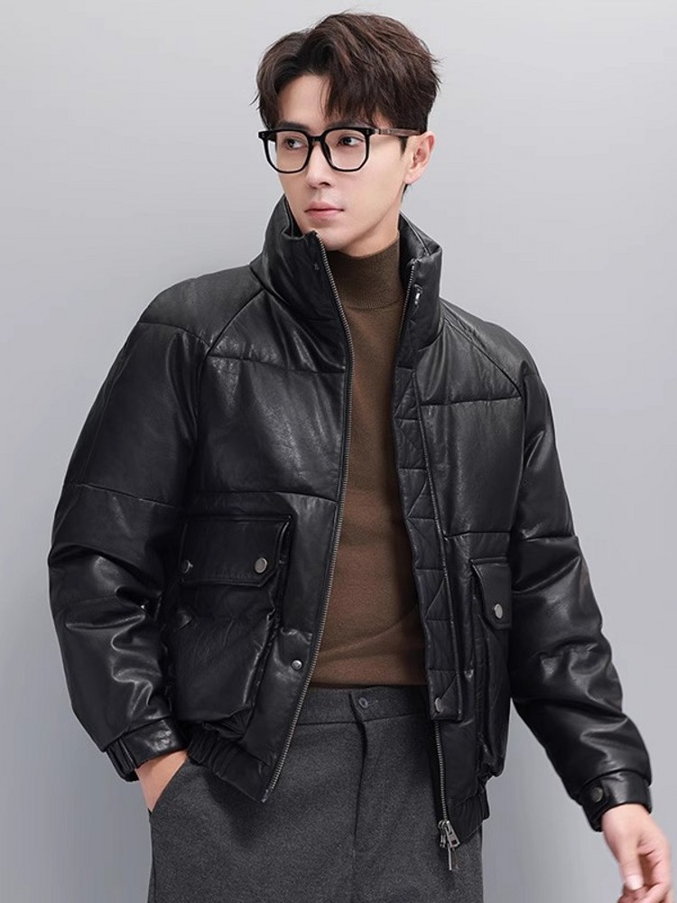 الشتاء الرجال الدافئة أوزة أسف - مراجعة Leather Work Jacket With Hood وسعره