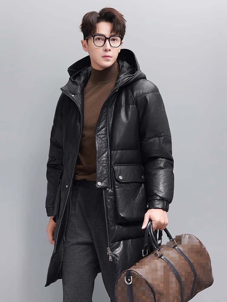 الشتاء الرجال الدافئة أوزة أسف - مراجعة Leather Work Jacket With Hood وسعره