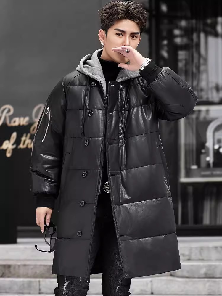 شتاء جديد الرجال مقنعين طويل ج - مراجعة Leather Work Jacket With Hood وسعره