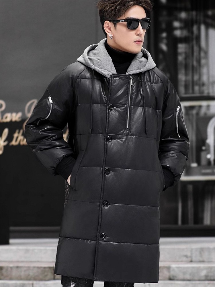 شتاء جديد الرجال مقنعين طويل ج - مراجعة Leather Work Jacket With Hood وسعره